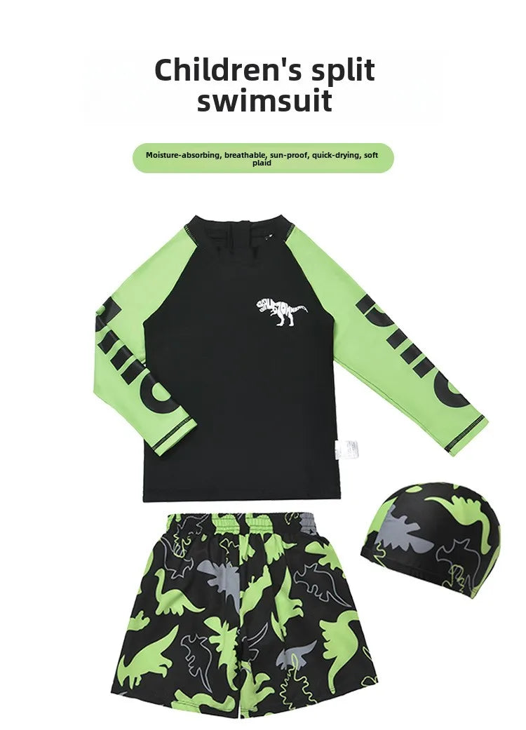 Kid's Split Swimsuit Boys Cartoon Sunscreen Boys Quick-drying Baby Swimming Suit Teenage Children's Swimwear with Cap