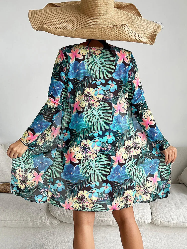 Print Swimsuit Women Hollow Out Bikini Bathing Suit Long Sleeve Cover-Ups Summer Swimwear Holiday Three-piece Beachwear Bikini