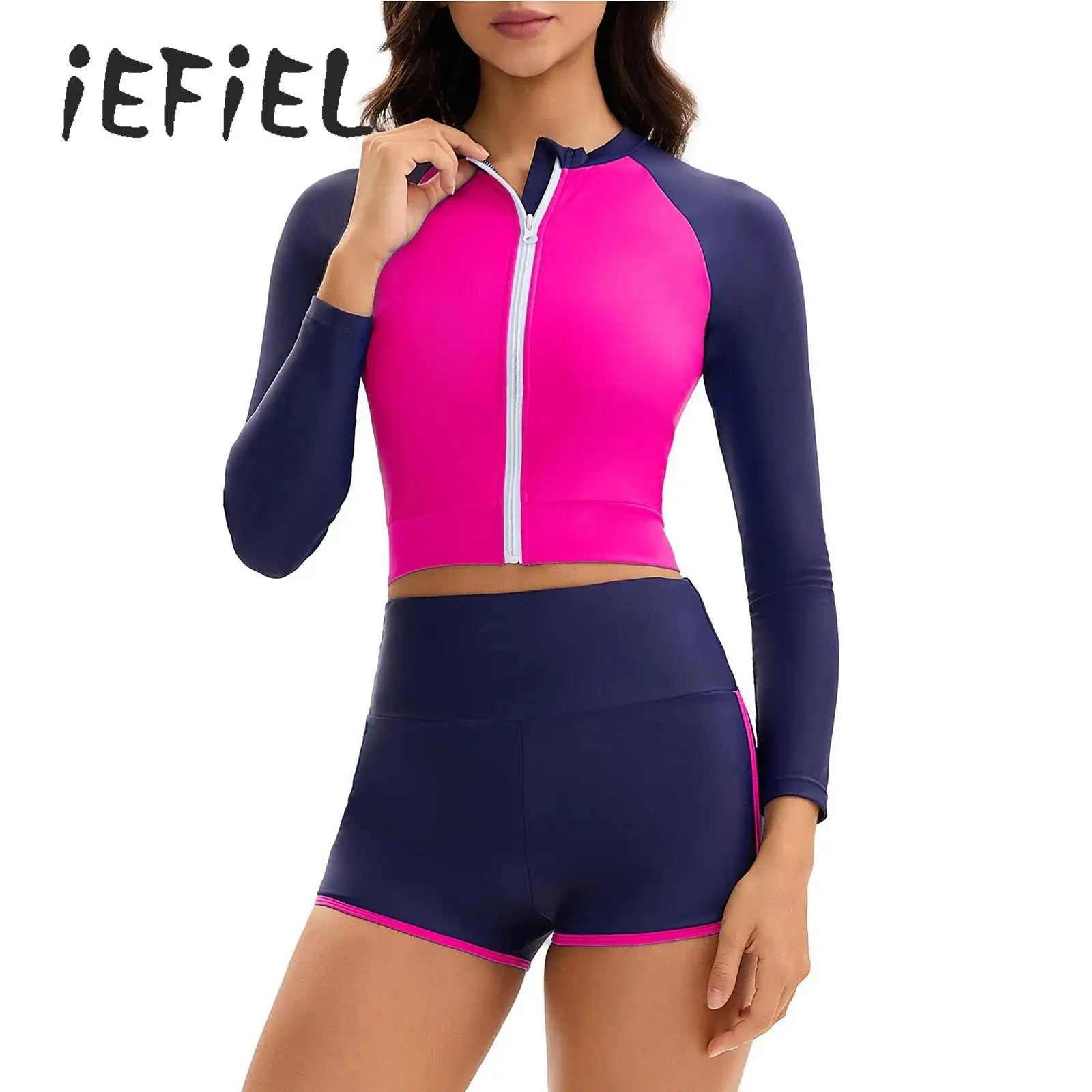 Women 2 Pieces Color Block Swimsuit Outfit Long Sleeve Bra Surf Zip Up Swim Top with Shorts Swimming Surfing Beach Bathing Suits