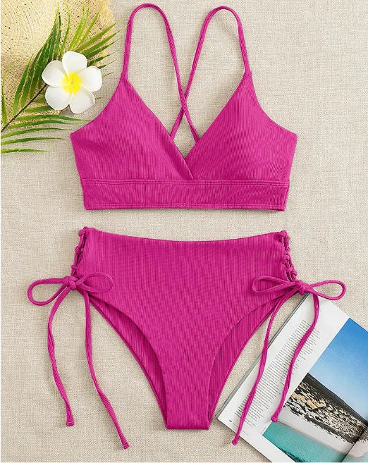 V-Neck Split Bikini Set for Women, Swimsuit, Lace Up, Triangular Bikinis, Solid Color, Beach Swimwear, Bathing Suit