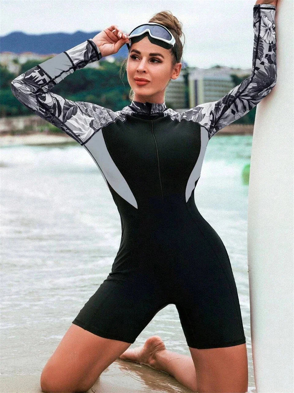 Surfing Sport Swimsuit Women Long Sleeve Swimwear Female One Piece Print Zipper Rash Guard Diving Clothes Swimming Bodysuit