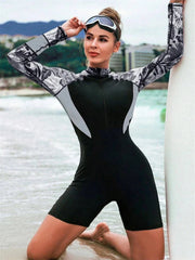 Surfing Sport Swimsuit Women Long Sleeve Swimwear Female One Piece Print Zipper Rash Guard Diving Clothes Swimming Bodysuit