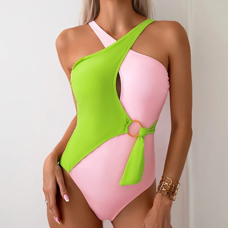 High Waist Belt Bathing Suit Ladies Patchwork One Piece Swimsuit Women Halter Swimwear Bikini Push Up High Leg Beach Wear