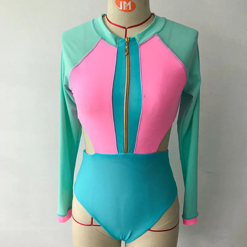 Patchwork One-Piece Swimsuit Long Sleeve Swimwear Sports Backless Women's Swimming Bathing Suit Beach Wear Bather Surfing