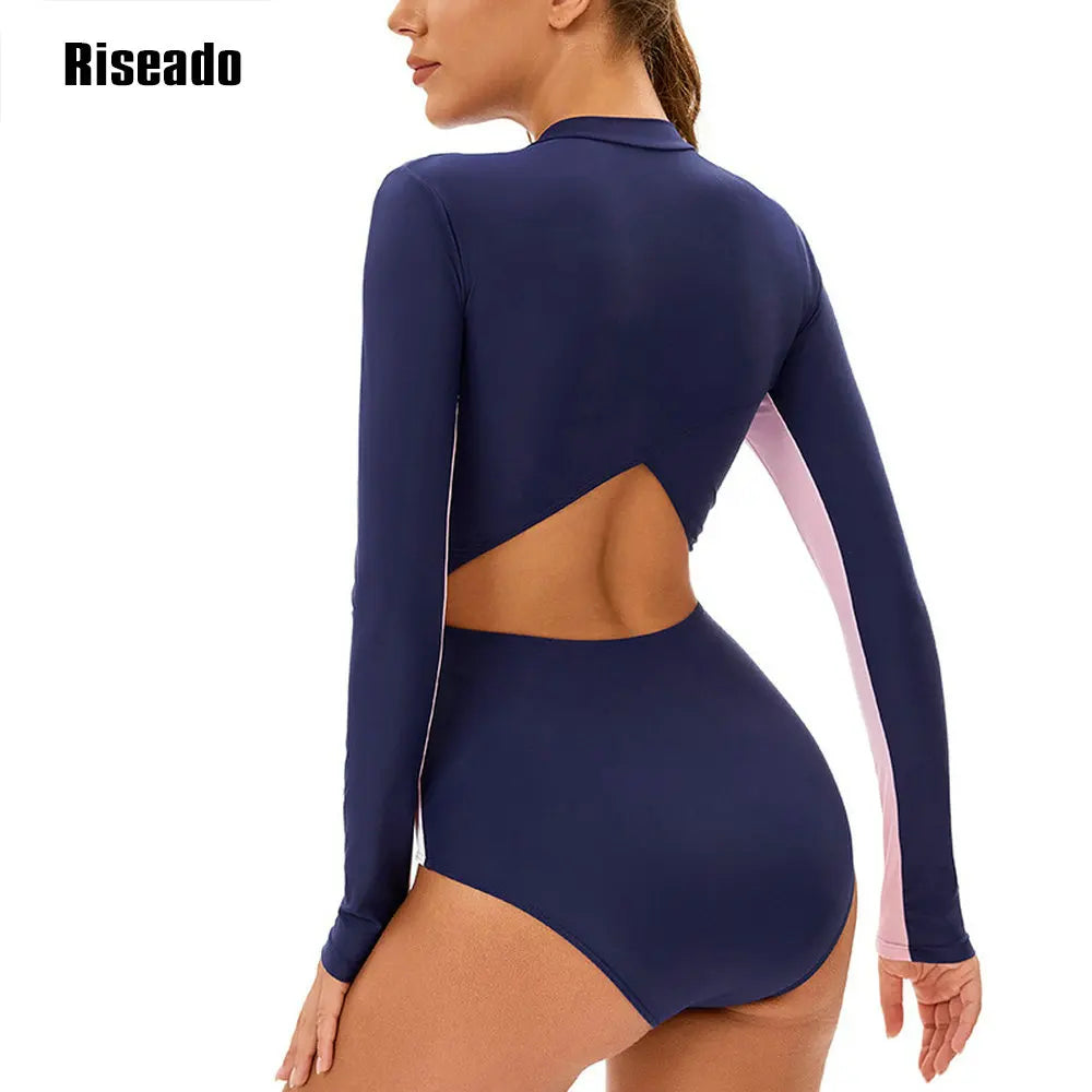 Women's One Piece Swimsuits Long Sleeve Rash Guard UV Protection Surfing Cut Out Swimsuit Plus Size 3XL