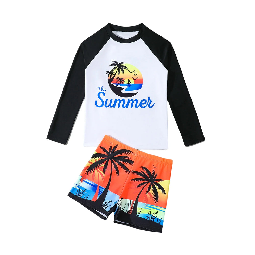 Kids Boys Two-Piece Bathing Suit Coconut Tree/Dinosaur/Geometric Printed Swimsuit Set Swimwear Long Sleeve T-shirt with Shorts