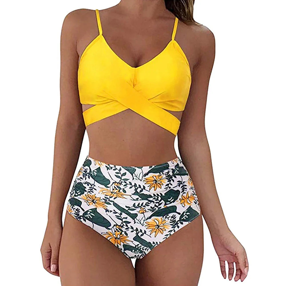 12 Colors Women Slim Bikini Sets High Waisted Swimwear 2 Pieces Solid/Floral Ruched Brazilian Swimsuit Cross Front
