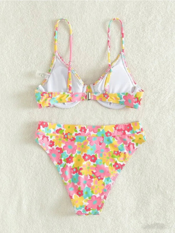 Bikini Women Swimsuit Floral Print Push Up Bikinis Set Thong Swimwear Smocked Summer Beachwear Bathing Suit Female