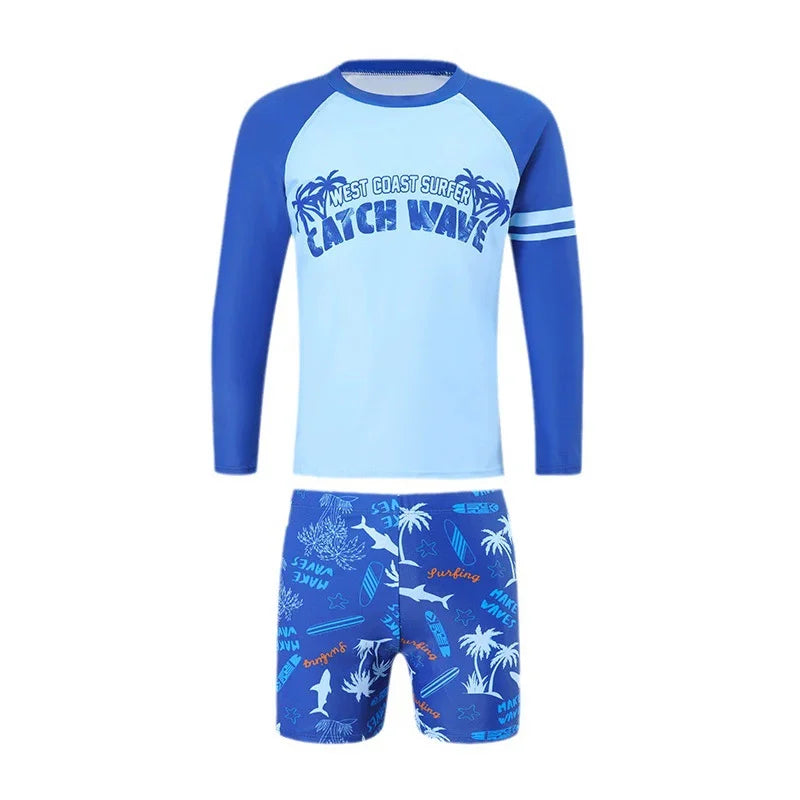 Boys' Long-Sleeved Swimsuit Children Sunscreen Cartoon Swimwear Suit Summer Thin Split Swimming Costume Kids Holiday Beachwear