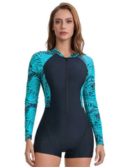 Rash Guard Leaf Print Patchwork Sport Swimwear Women Zipper One Piece Swimsuit Female Surfing Suits Professional Bathing Suit Swim