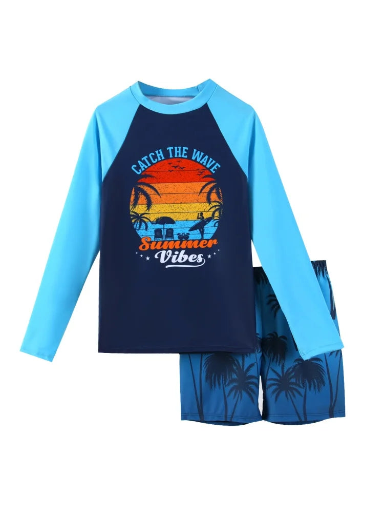 Boy Kids Swimsuit Blue Coconut Tree Long Sleeves Children Swimwear Summer Two Piece Beach Shorts Bathing Suit Swimming