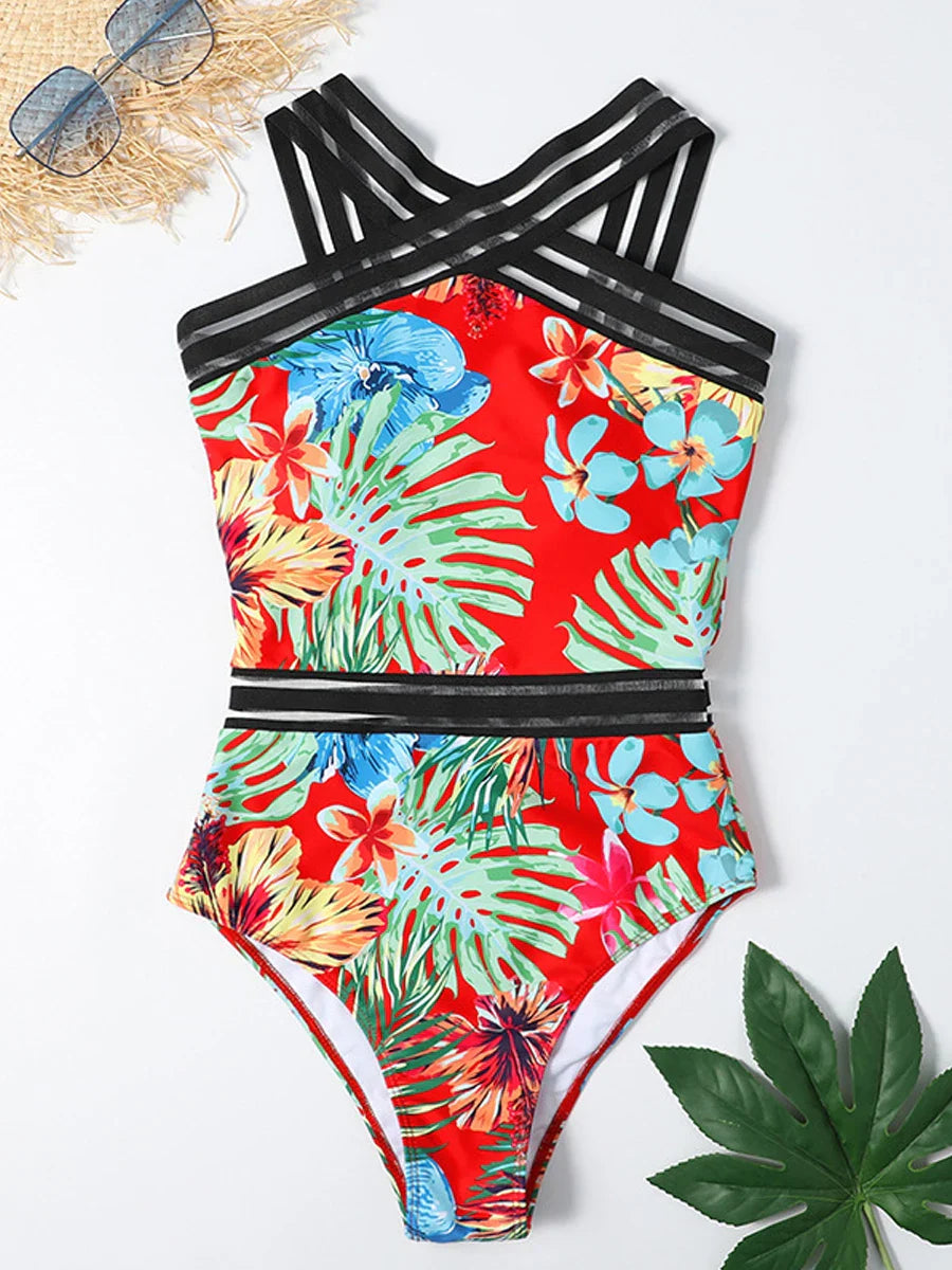 Solid Mesh Tape Swimsuit One Piece High Neck Swimwear Women Cross Front Bathing Suit Female Padded Beachwear Bodysuit
