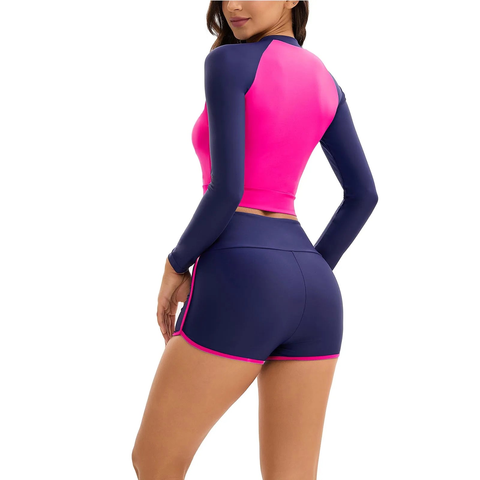 Women 2 Pieces Color Block Swimsuit Outfit Long Sleeve Bra Surf Zip Up Swim Top with Shorts Swimming Surfing Beach Bathing Suits