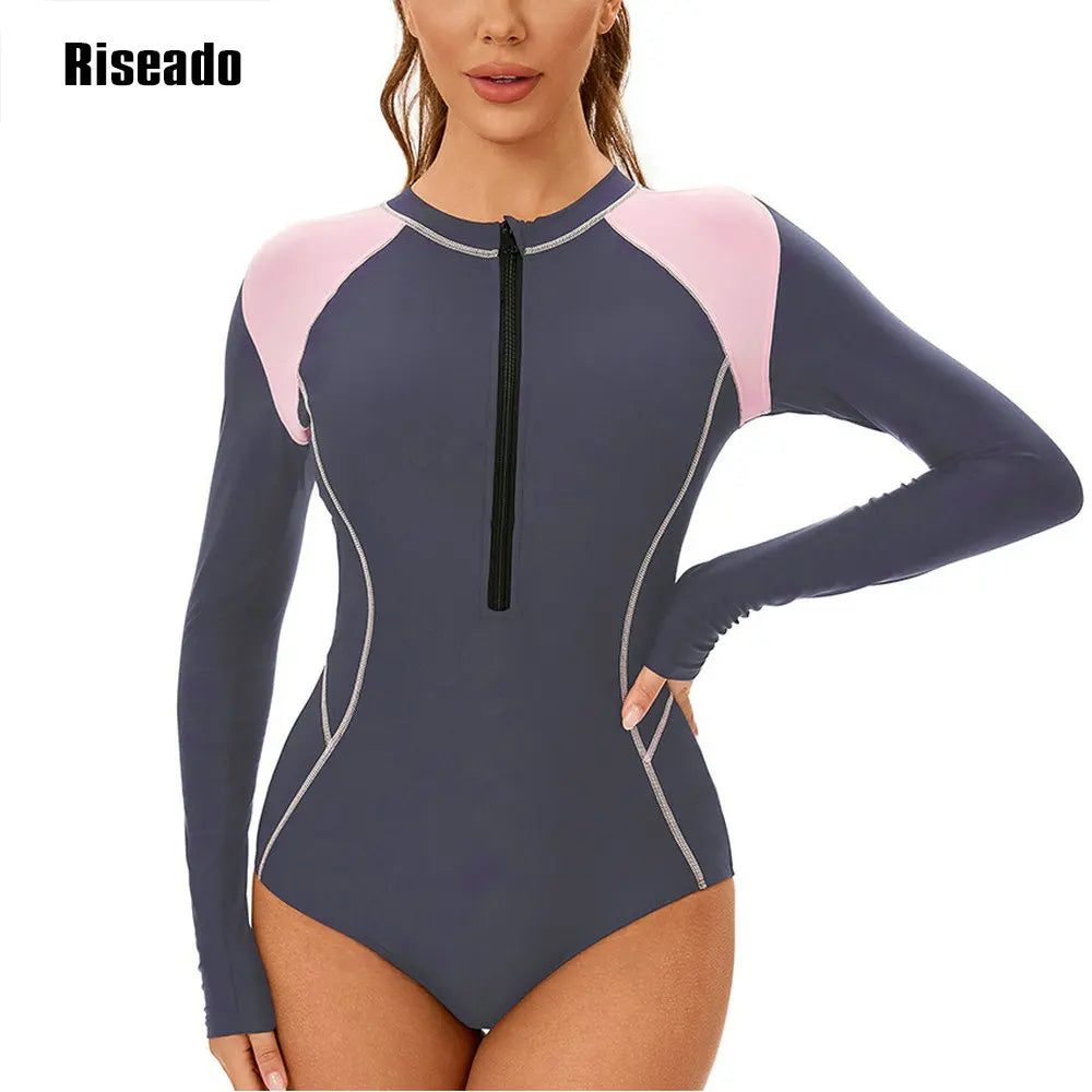 Women's Long Sleeve Rash Guard UV Protection Zipper Printed Surfing One Piece Swimsuit Swimming Beach Wear Bathing Suit