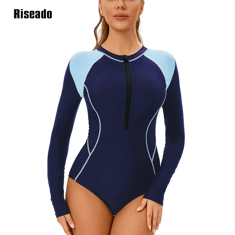 Women's Long Sleeve Rash Guard UV Protection Zipper Printed Surfing One Piece Swimsuit Swimming Beach Wear Bathing Suit