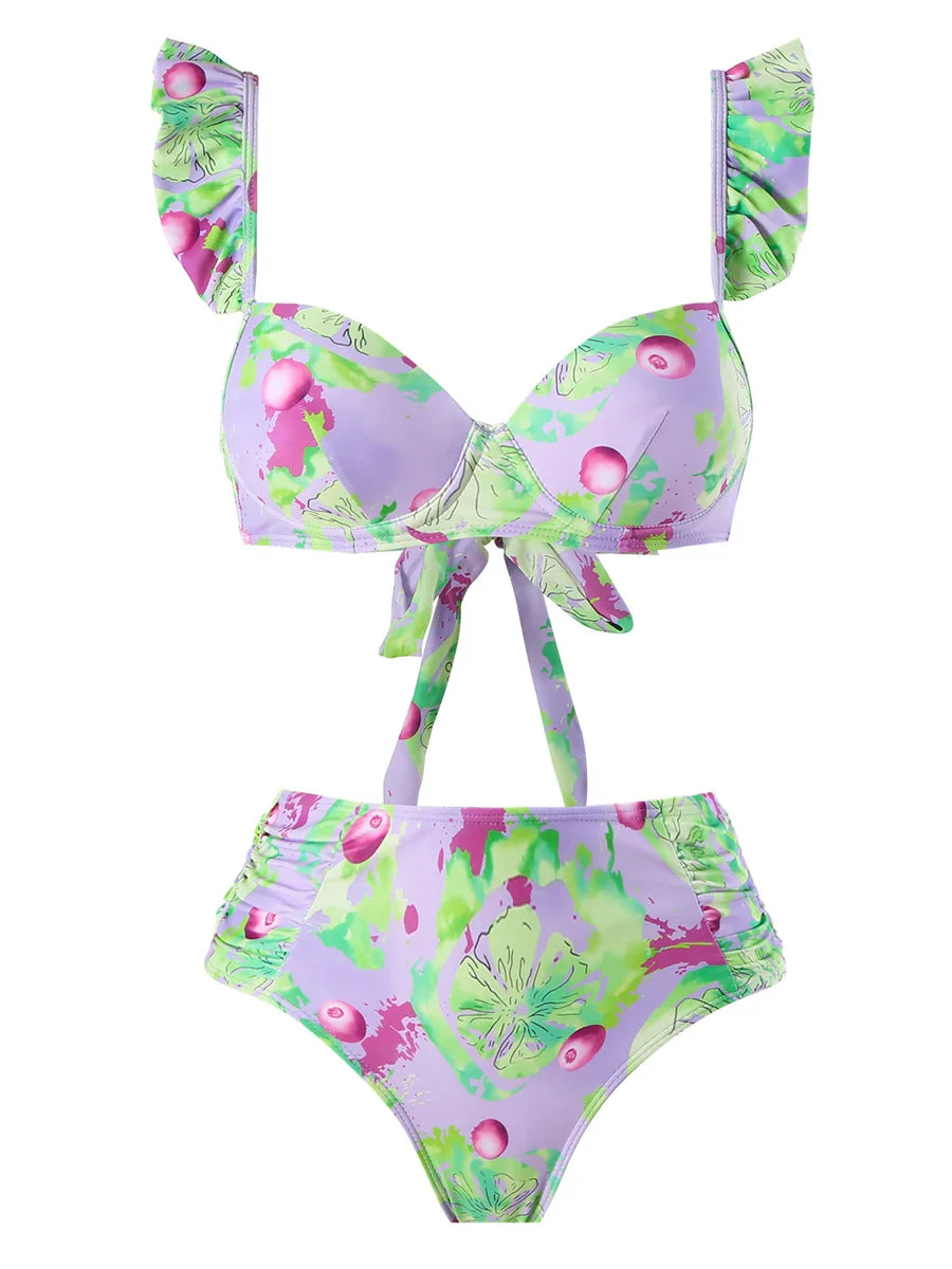 Push Up Print Ruffle Bikini Women Swimsuit Female Padded Swimwear Bathers Bathing Swimming Swim Suit Summer Beachwear