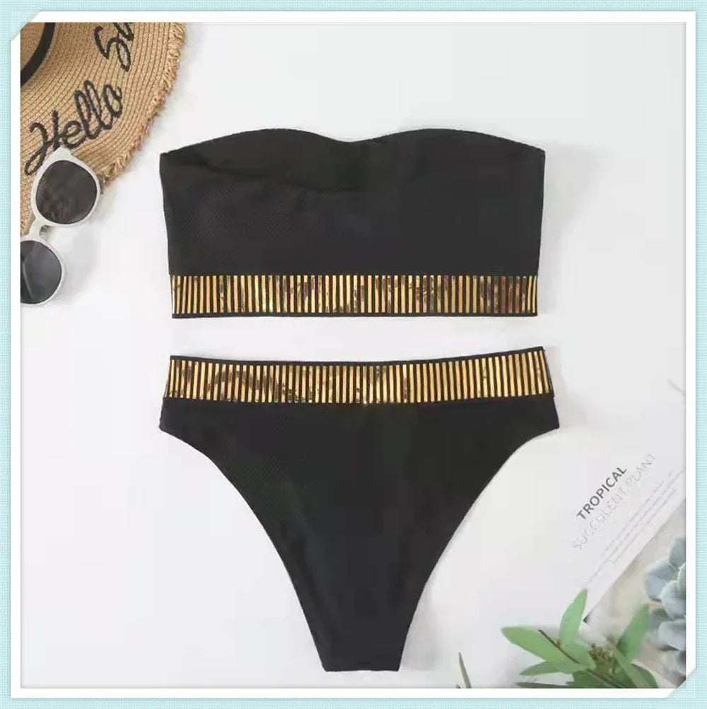 Bandeau High Waist Bikini Women Triangle Swimsuit Stitch Detail Swimwear Padded Bathing Suit Female Solid Beachwear
