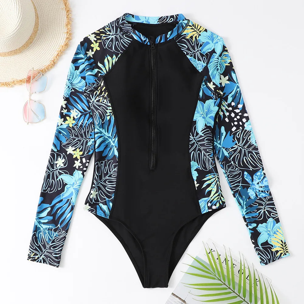 Coloured Flowers Long Sleeves Swimwear Women Surfing Swimsuits