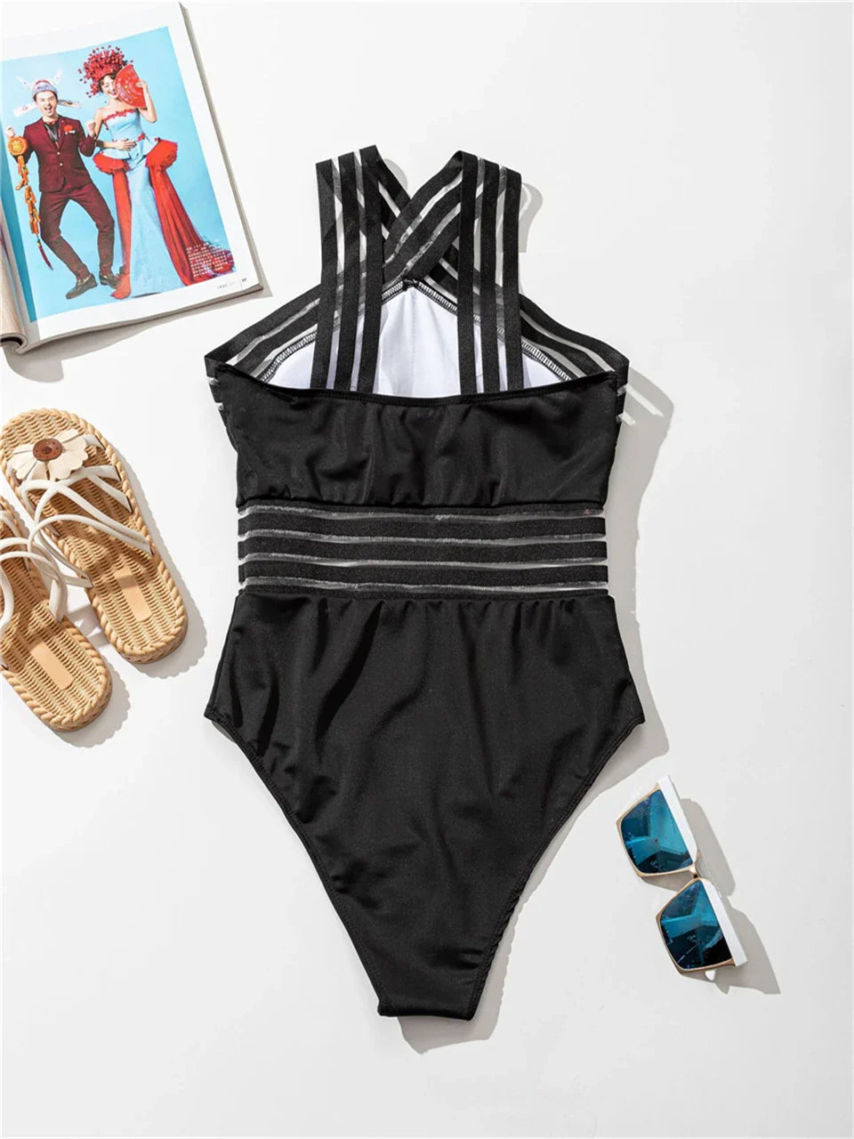 Solid Mesh Tape Swimsuit One Piece High Neck Swimwear Women Cross Front Bathing Suit Female Padded Beachwear Bodysuit