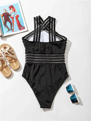 Solid Mesh Tape Swimsuit One Piece High Neck Swimwear Women Cross Front Bathing Suit Female Padded Beachwear Bodysuit
