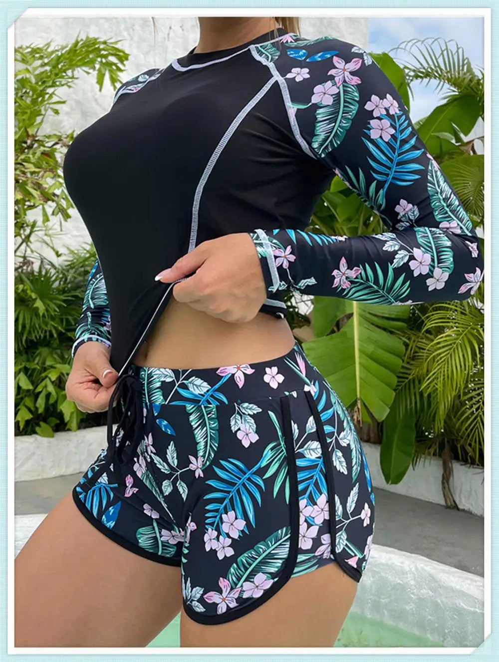 Long Sleeve Rash guard Swimsuit Women Tropical Printed Swimwear Two Pieces Diving Clothes Bathing Suit Surfing Beachwear
