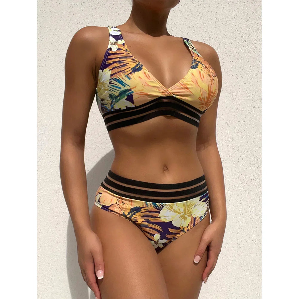 Bikinis Leaves Printed High Waist Two Pieces Bikini Set Swimsuit Female Women Beachwear Swimwear Bather Bathing Suit