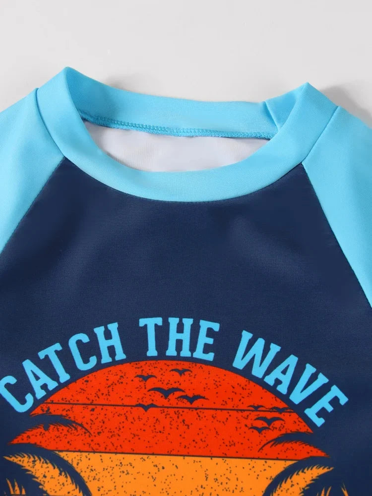 Boy Kids Swimsuit Blue Coconut Tree Long Sleeves Children Swimwear Summer Two Piece Beach Shorts Bathing Suit Swimming