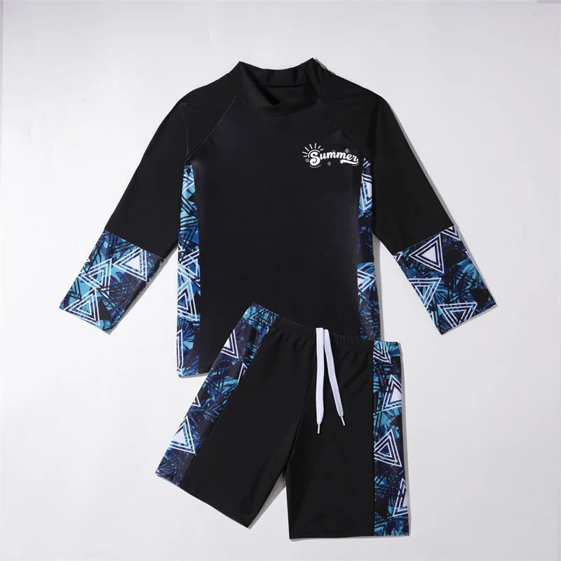 Student Children's Two Pieces Swimsuit Teenage Boys Girls Long Sleeve Top and Shorts Swim Suit Quick Drying  Swimwear Surf Suit