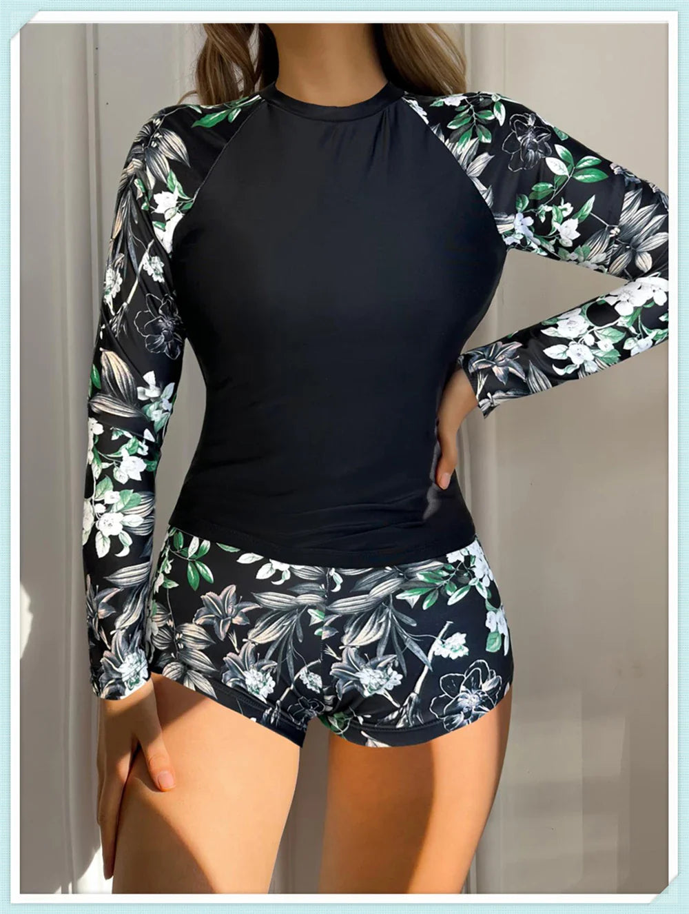 Long Sleeve Rash guard Swimsuit Women Tropical Printed Swimwear Two Pieces Diving Clothes Bathing Suit Surfing Beachwear