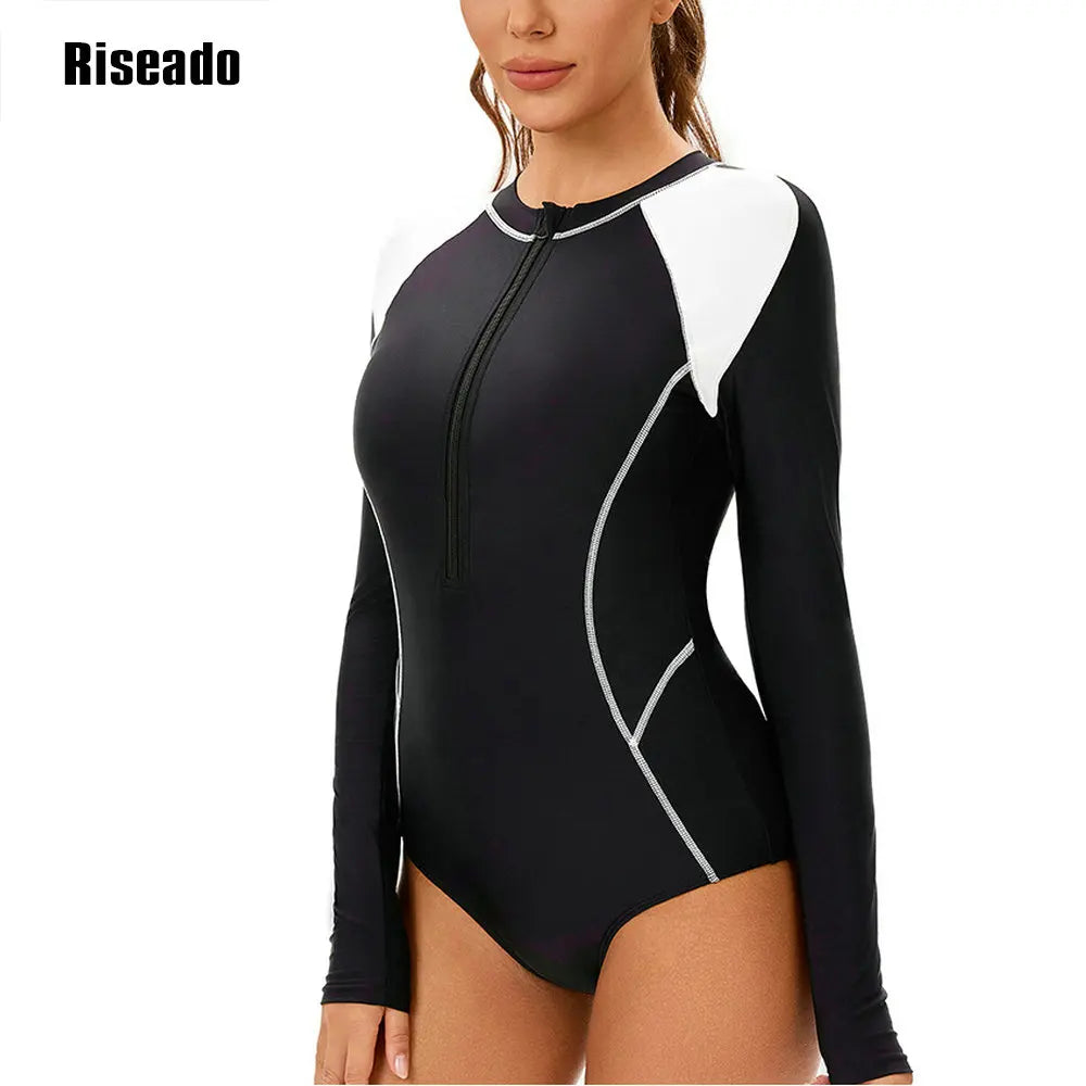 Women's Long Sleeve Rash Guard UV Protection Zipper Printed Surfing One Piece Swimsuit Swimming Beach Wear Bathing Suit