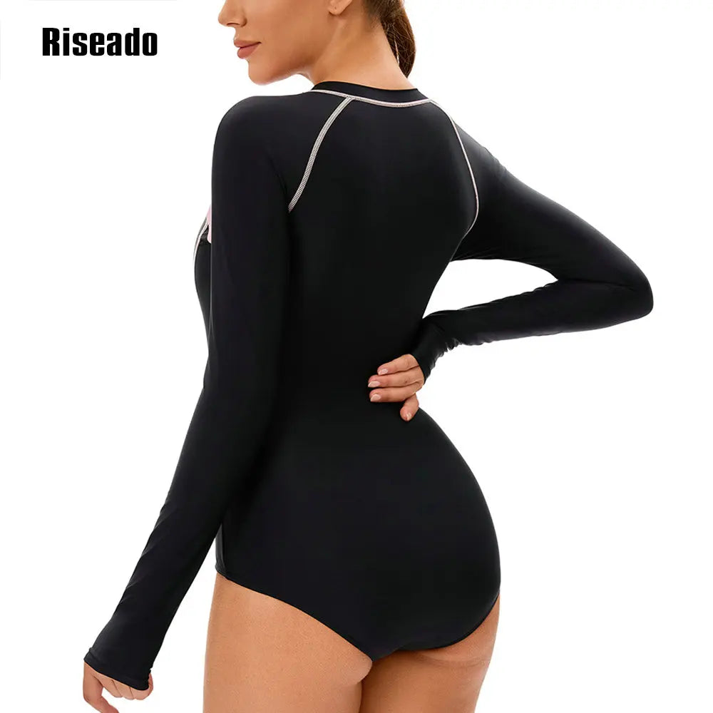 Women's Long Sleeve Rash Guard UV Protection Zipper Printed Surfing One Piece Swimsuit Swimming Beach Wear Bathing Suit