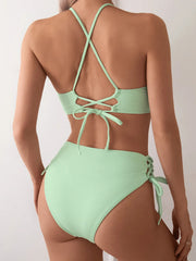 V-Neck Split Bikini Set for Women, Swimsuit, Lace Up, Triangular Bikinis, Solid Color, Beach Swimwear, Bathing Suit
