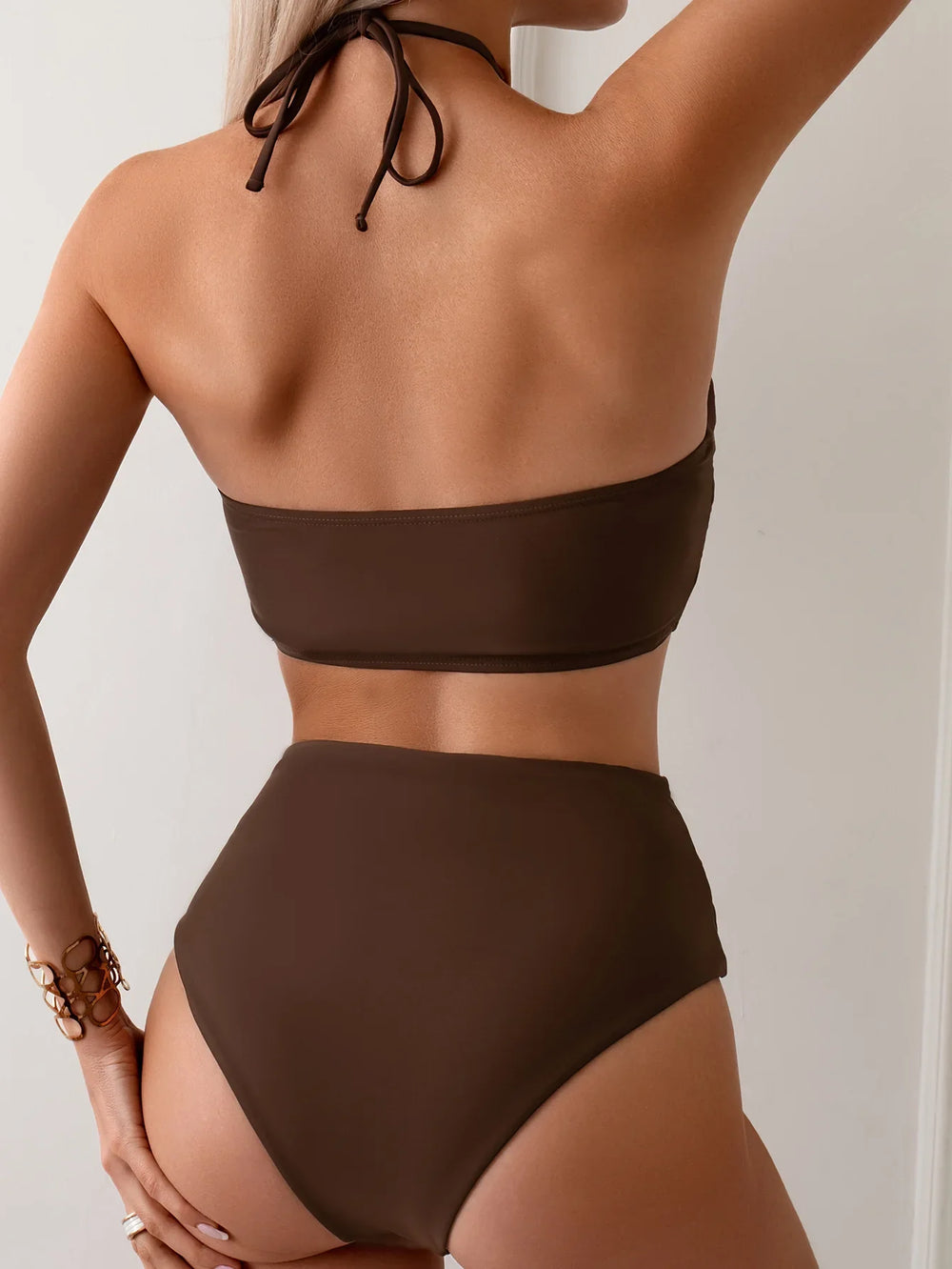 Coffee Coloured Halter Pleated Bikini Set Women