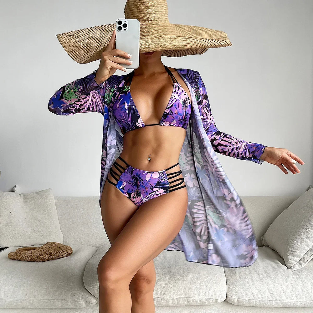 Print Swimsuit Women Hollow Out Bikini Bathing Suit Long Sleeve Cover-Ups Summer Swimwear Holiday Three-piece Beachwear Bikini