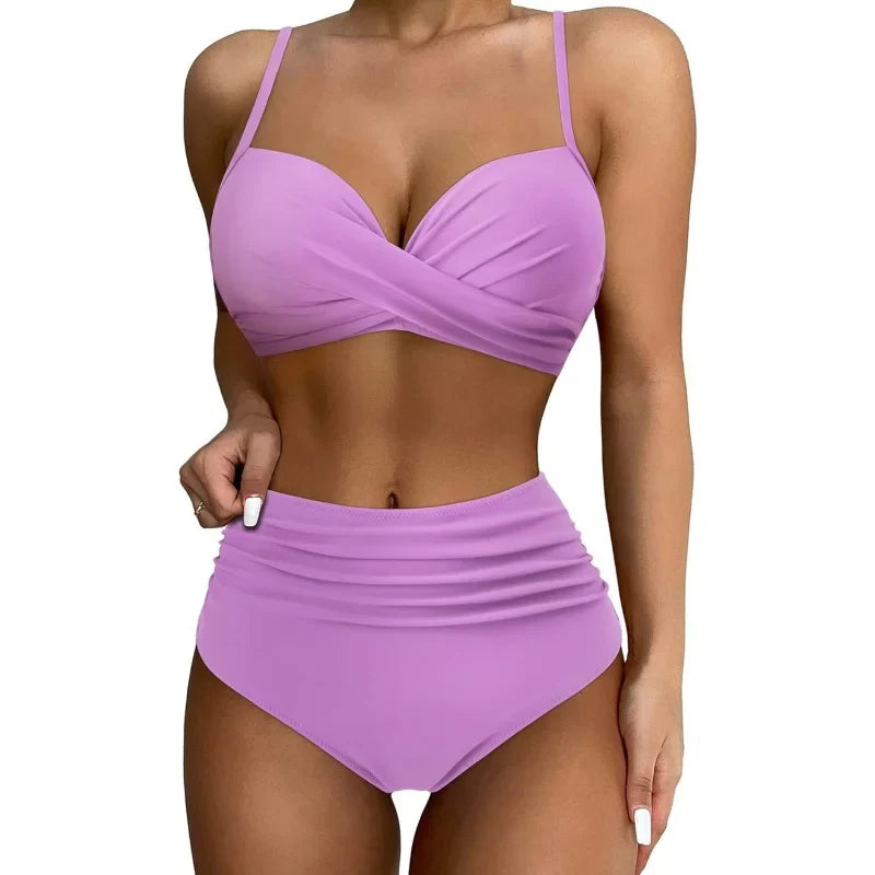 Women High Waist Bikini Swimsuit Two-pieces Simple Classic Sexy Bikini Push Up 2025 New Fashion Vacation Beachwear Bathing Suit