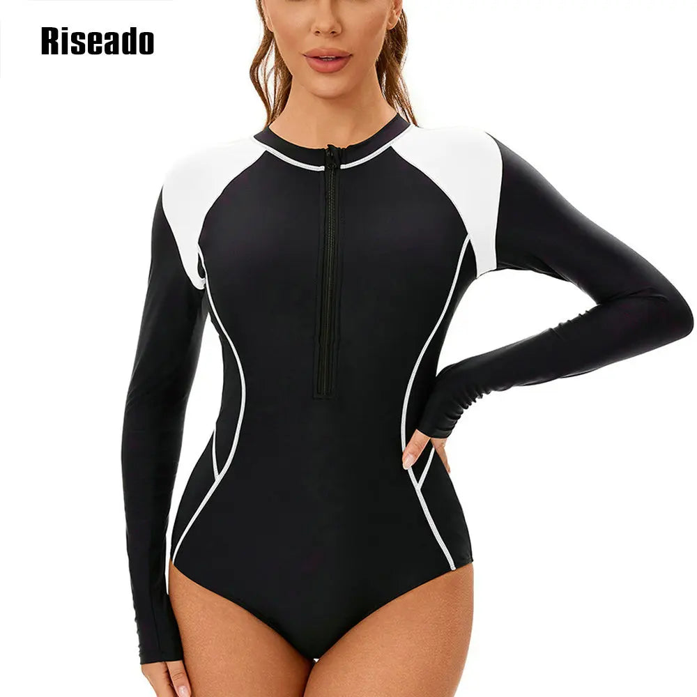 Women's Long Sleeve Rash Guard UV Protection Zipper Printed Surfing One Piece Swimsuit Swimming Beach Wear Bathing Suit
