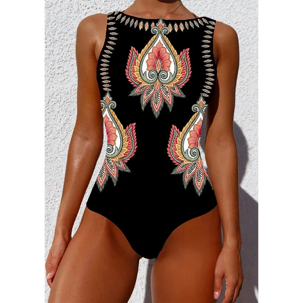 Print One Piece Swimsuit Push Up Swimwear Women Vintage Retro Bathing Suits Bodysuit Beach Wear Backless Monokini Pool