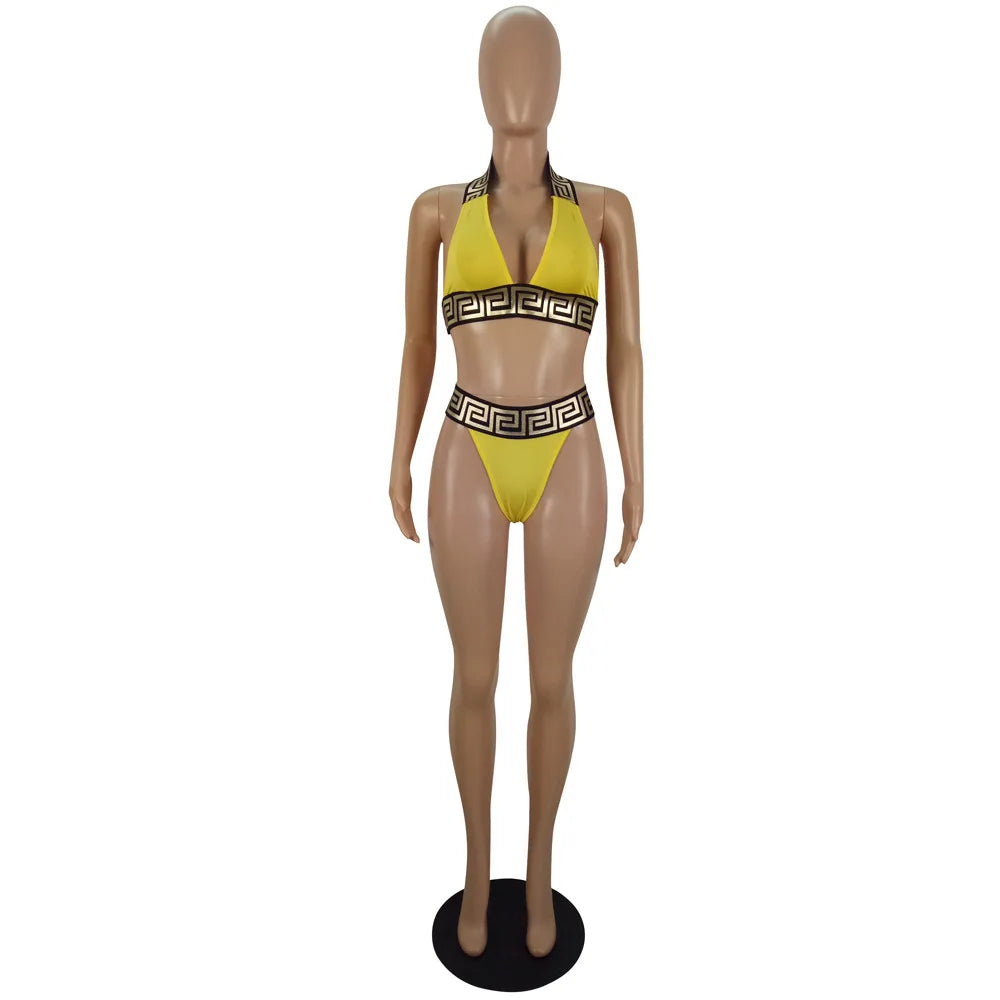 Print Black Push Up Bikini Two Pieces Set Women Swimwear Bandage Halter Swimsuit Bathing Suit