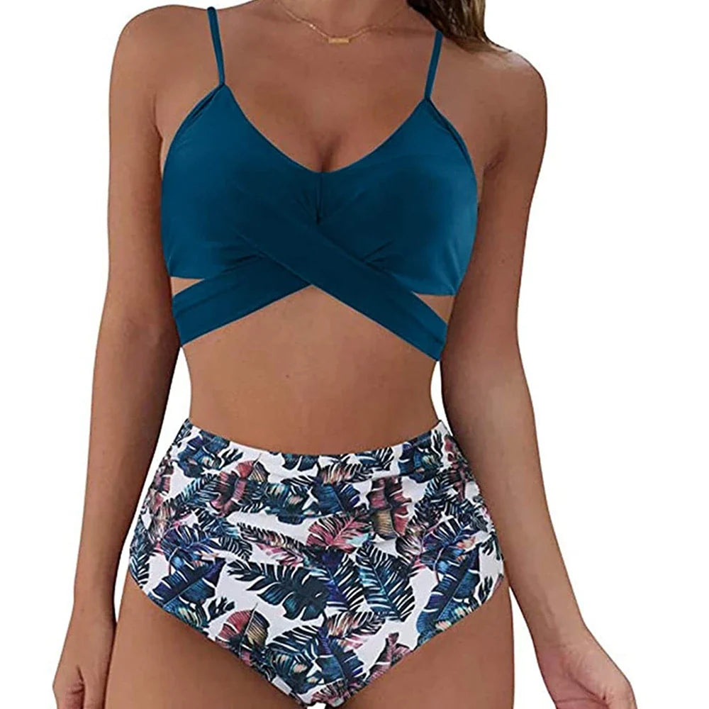 12 Colors Women Slim Bikini Sets High Waisted Swimwear 2 Pieces Solid/Floral Ruched Brazilian Swimsuit Cross Front