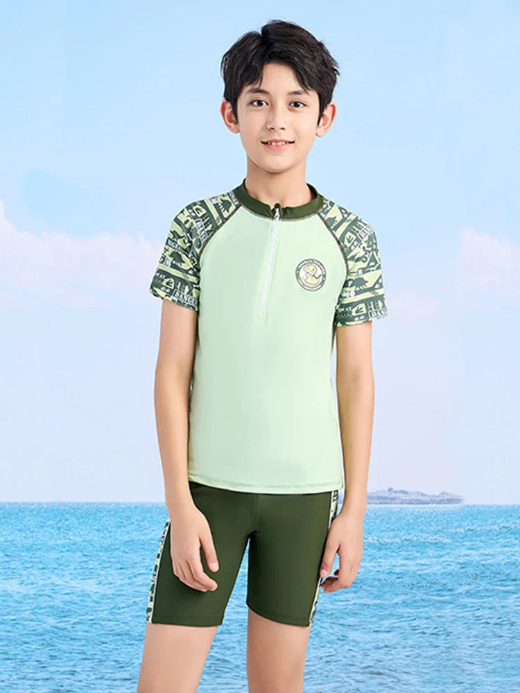 Summer Swimming Suit For Kids Boy Swim Sets Children Swimwear Short Sleeve Swimsuit Split Two Piece Beachwear Fast Dry Trunks