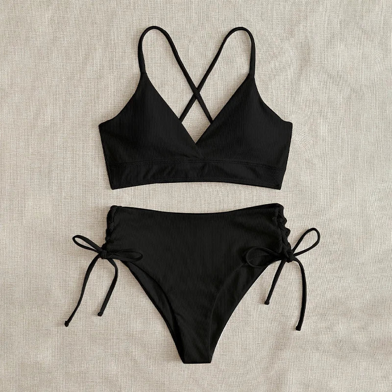 V-Neck Split Bikini Set for Women, Swimsuit, Lace Up, Triangular Bikinis, Solid Color, Beach Swimwear, Bathing Suit