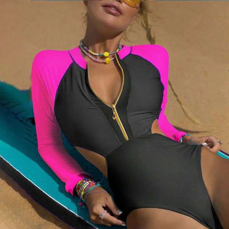 Patchwork One Piece Swimsuit Long Sleeve Swimwear Women Bathing Suit Retro Zipper Swimsuit One Piece Surfing Swim Wear