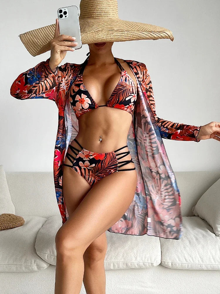 Print Swimsuit Women Hollow Out Bikini Bathing Suit Long Sleeve Cover-Ups Summer Swimwear Holiday Three-piece Beachwear Bikini