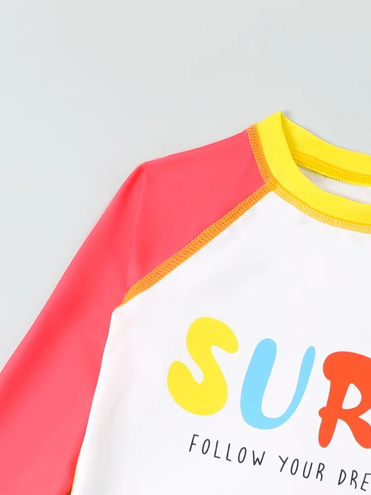 Boy Kids Swimsuit Solid Letter Long Sleeves Trousers Children Swimwear Summer Two Piece Beachwear Bathing Suit Swimming