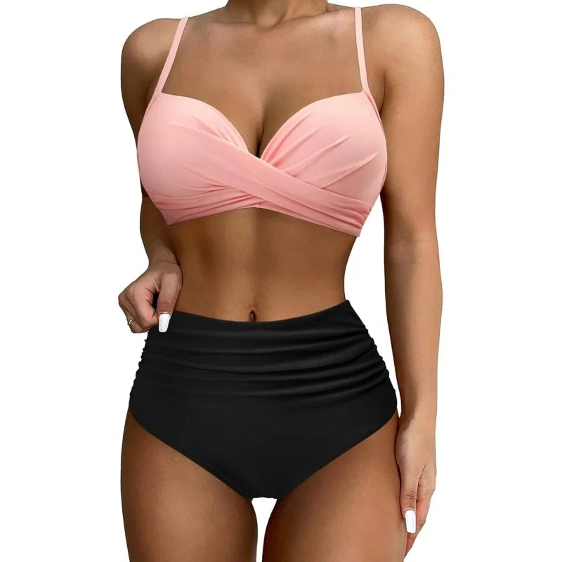 Women High Waist Bikini Swimsuit Two-pieces Simple Classic Sexy Bikini Push Up 2025 New Fashion Vacation Beachwear Bathing Suit