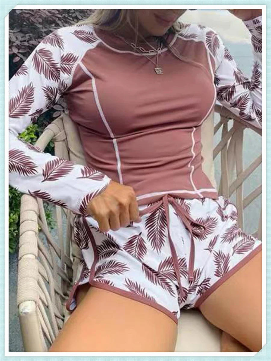 Long Sleeve Rash guard Swimsuit Women Tropical Printed Swimwear Two Pieces Diving Clothes Bathing Suit Surfing Beachwear
