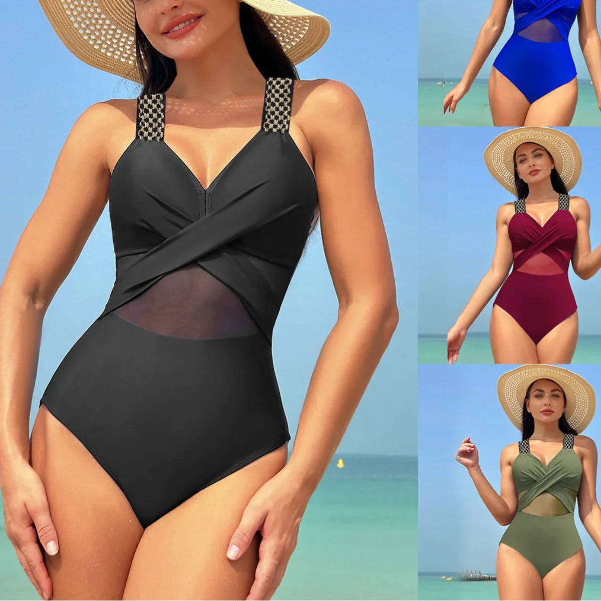 One Piece Swimsuit Swimwear Push Up Women Mesh Patchwork Bathing Suit Beachwear Swimming Suit Bathers