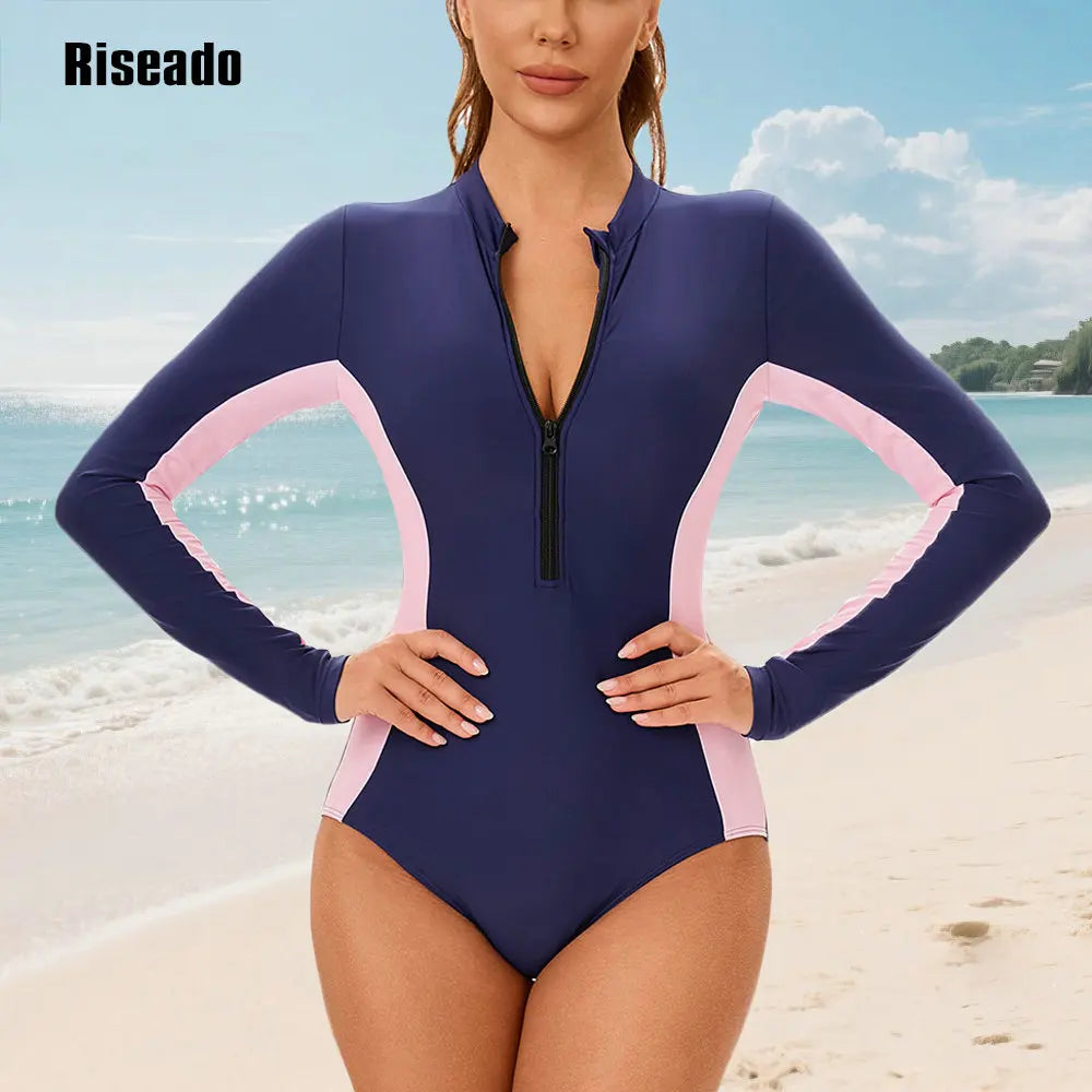 Women's One Piece Swimsuits Long Sleeve Rash Guard UV Protection Surfing Cut Out Swimsuit Plus Size 3XL