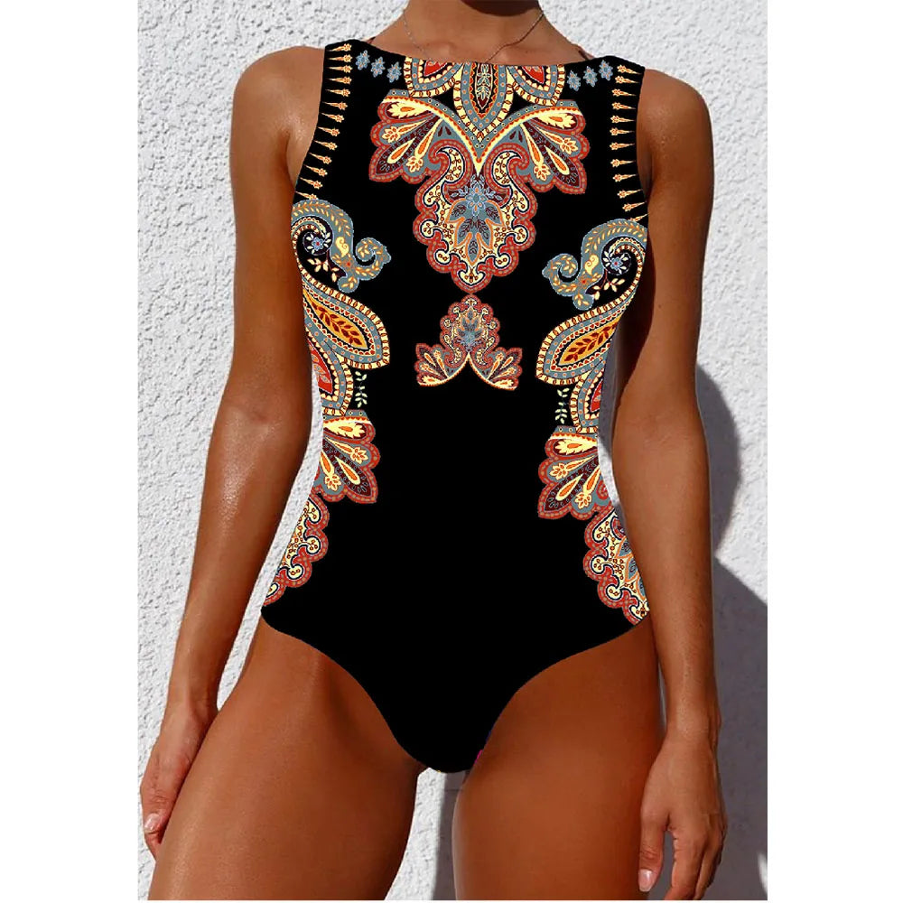 Print One Piece Swimsuit Push Up Swimwear Women Vintage Retro Bathing Suits Bodysuit Beach Wear Backless Monokini Pool