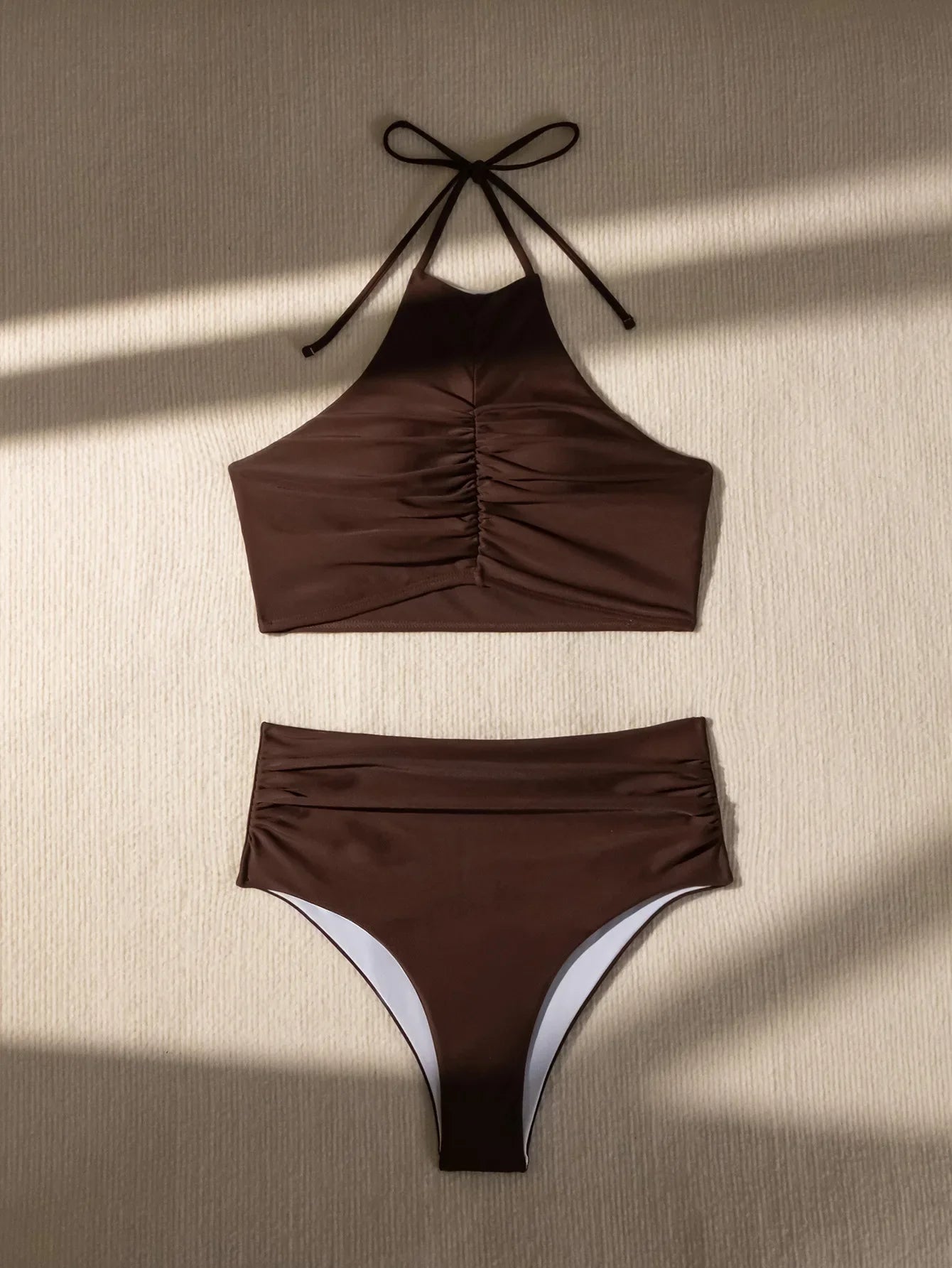 Coffee Coloured Halter Pleated Bikini Set Women